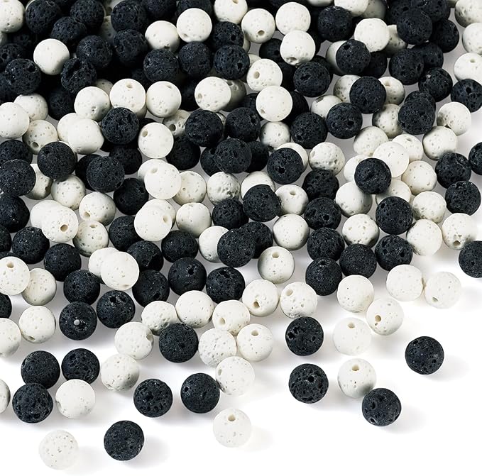 Craftdady 360 pcs 8 mm Natural Lava Beads White Black Round Stone Rock Beads Gemstone Loose Spacer Beads for Diffuser Essential Oil Jewelry Bracelet Necklace Making