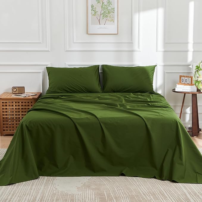 DOZ 100% Long Staple Cotton Sheet Sets, Classic Crisp Percale Weave, Breathable, Matte Finish, Hotel Style, Durable, 3pc – 2 Pillowcases 1 Fitted (Forest, Cal King)