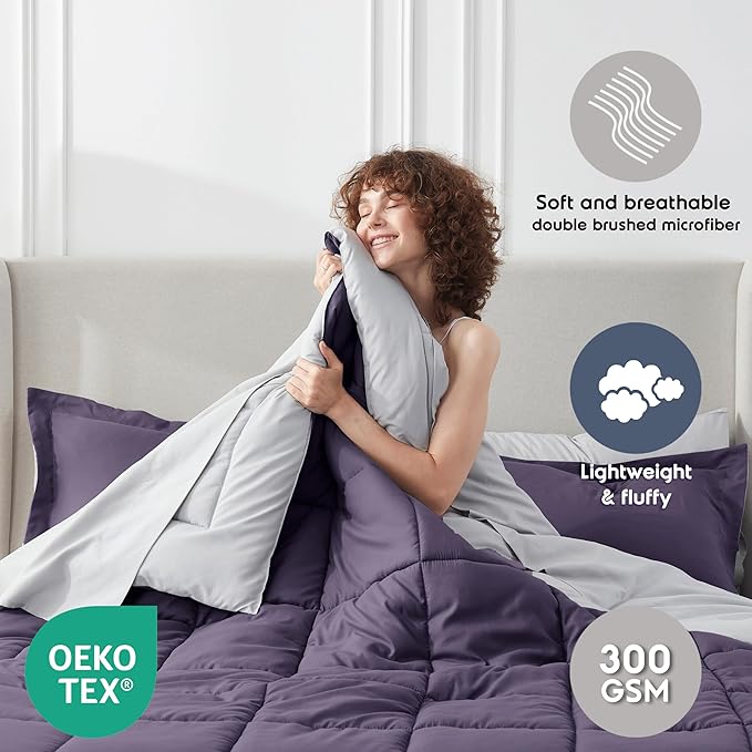 Nestl 9 Piece Queen Comforter Set – Purple Reversible Bed in a Bag – Complete Queen Size Bedding Set with Sheets, Set of 2 Down Alternative Pillows, Pillowcases and Shams