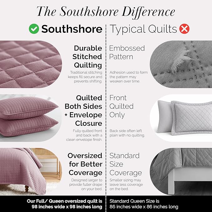 Southshore Fine Living, Inc. Full/Queen Quilt Set, Full Size Quilts with 2 Matching Pillow Shams, Lightweight Quilt Coverlet, Lightweight, Easy Care Machine Washable Queen Size Bedspread, Lavender