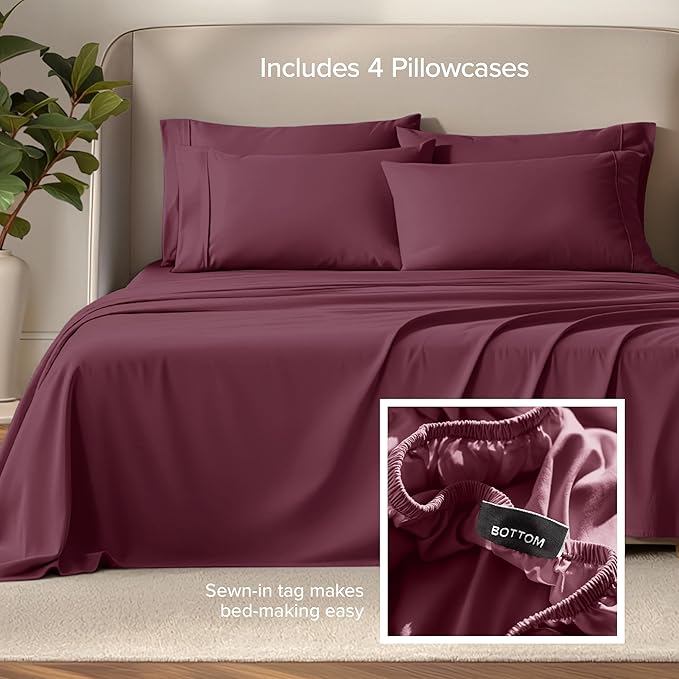 Bare Home Hotel Luxury Queen Sheet Set, Extra Soft - 6 Piece Set - Deep Pockets - Easy Fit - Cooling & Breathable - Wrinkle, Fade, Stain Resistant - Includes 4 Pillowcases (Queen, Burgundy)