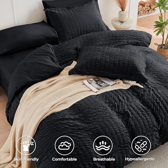 HYMOKEGE Black Oversized King Comforter Set Seersucker 7 Pieces, All Season Luxury Bed in a Bag for Bedroom, Bedding Set with Comforter, Sheets, Pillowcases & Shams