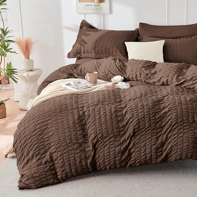 HYMOKEGE Dark Brown King Size Comforter Set Seersucker 7 Pieces, All Season Luxury Bed in a Bag for Bedroom, Bedding Set with Comforter, Sheets, Pillowcases & Shams