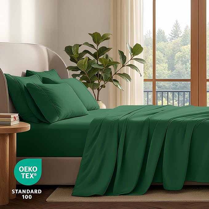 Bare Home Hotel Luxury Queen Sheet Set, Extra Soft - 6 Piece Set - Deep Pockets - Easy Fit - Cooling & Breathable - Wrinkle, Fade, Stain Resistant - Includes 4 Pillowcases (Queen, Forest Green)