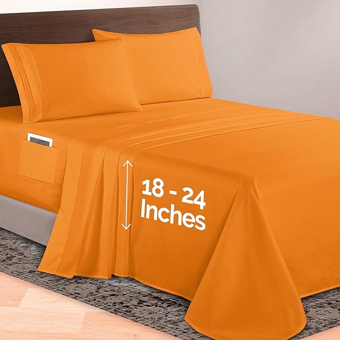 Elegant Comfort Luxurious 1500 Premium Hotel Quality Microfiber 4-Piece Sheet Set, 18-24 Inches Deep - Extra Deep Pocket Sheets - Ultra Soft 4PC Deep Pocket Sheets, Queen, Orange