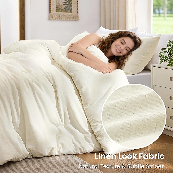 Love's cabin Full Size Comforter Set Beige, 3-Piece 90% Polyester 10% Linen Blend Bedding Set, Linen-Look Textured Stripe, Down Alternative All-Season Comforter with Pillow Shams | Soft, Breathable, Lightweight