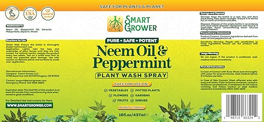 Smart Grower Neem Oil Spray for Plants with Peppermint Oil, Natural Plant Wash Made for Indoor Household Plants 16oz Easy Ready to Use Spray