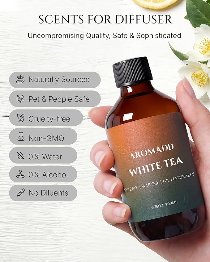 Aromadd Aromadd White Tea Diffuser Oil Inspired by Luxury Hotel Scent, Essential Oils for Waterless Diffuser, White Tea & Bergamot, Long-Lasting & Natural Home Fragrance - 6.76 fl oz (200 mL)