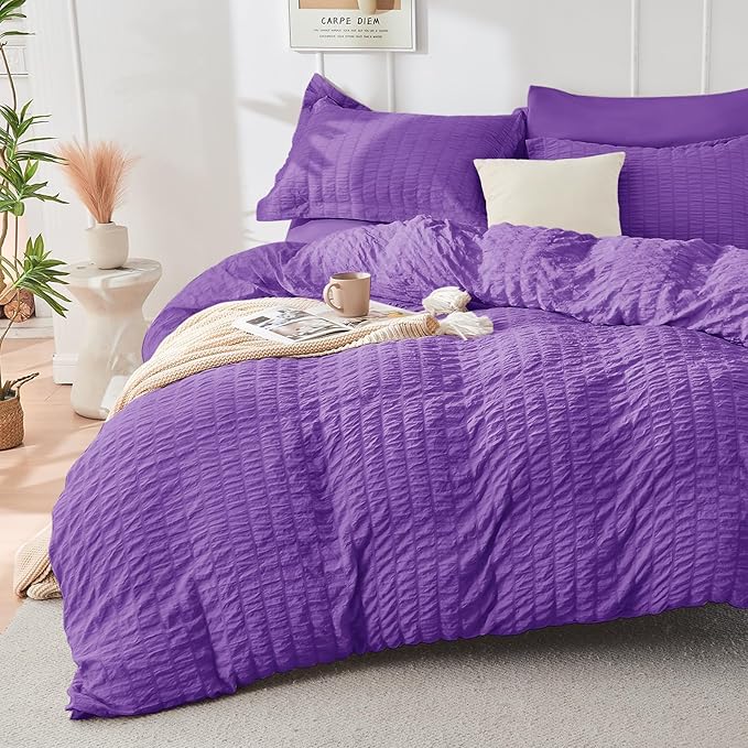 HYMOKEGE Bright Purple Queen Comforter Set Seersucker 7 Pieces, All Season Luxury Bed in a Bag Queen for Bedroom, Bedding Set with Comforter, Sheets, Pillowcases & Shams