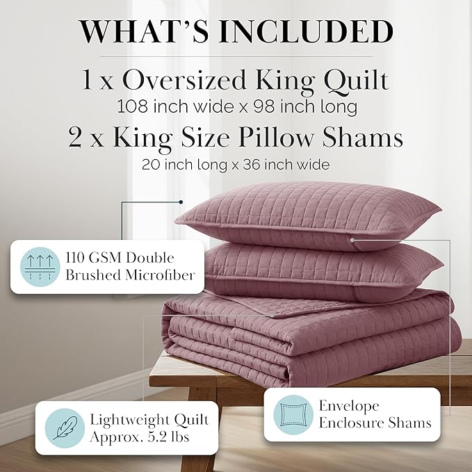 Southshore Fine Living, Inc. Oversized King Quilt Set, Lavender Quilt Bedspread King/California with 2 Matching Pillow Shams, Machine Washable Bedding, Soft & Cozy Coverlet, Lavender