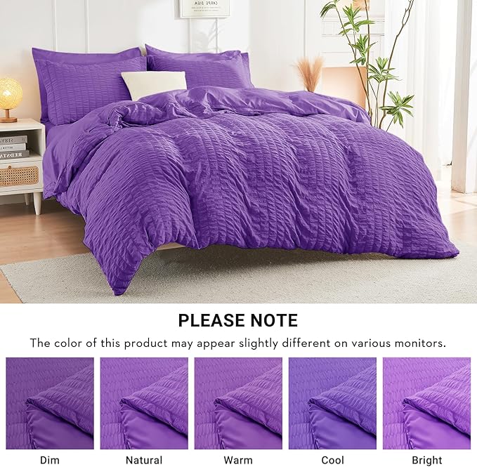 HYMOKEGE Bright Purple Queen Comforter Set Seersucker 7 Pieces, All Season Luxury Bed in a Bag Queen for Bedroom, Bedding Set with Comforter, Sheets, Pillowcases & Shams