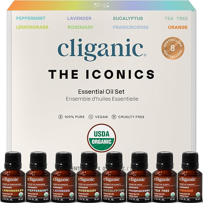 Cliganic Organic Aromatherapy Essential Oils Gift Set (Top 8), 100% Pure - Peppermint, Lavender, Eucalyptus, Tea Tree, Lemongrass, Rosemary, Frankincense & Orange