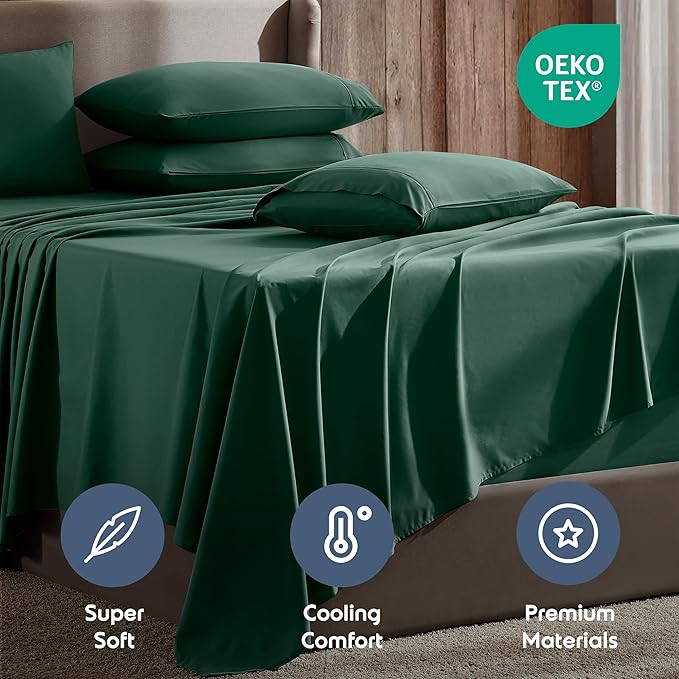 Nestl Extra Deep Full Sheet Set - 6 Piece Breathable & Cooling Sheets - Hotel Luxury Bedding Set w/18-24 Inch Deep Pockets - Easy & Secure Fit - Super Soft, Wrinkle Free & Comfy - Dark Green