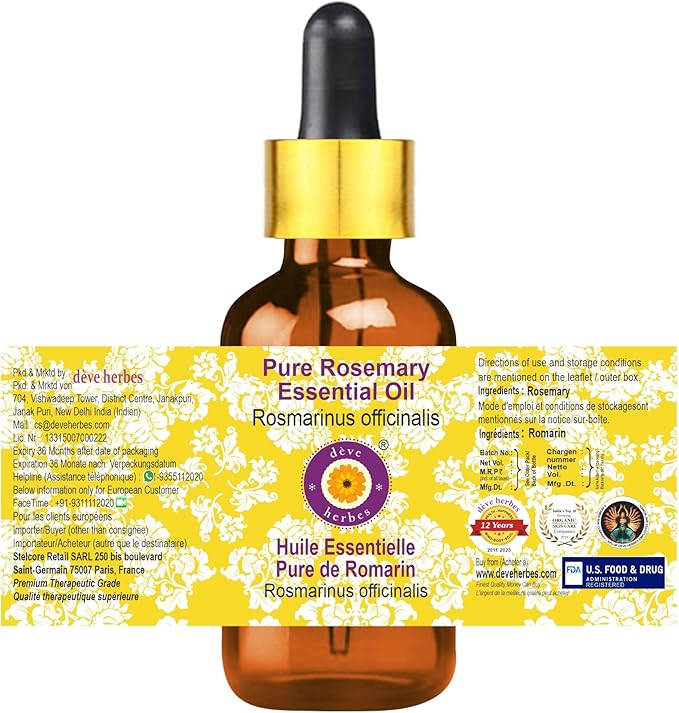 dève herbes Rosemary Essential Oil (Rosmarinus officinalis) with Glass Dropper | Pure | Non-Sticky | Non-Greasy | Lightweight | Men & Women | All Skin Types | Steam Distilled 50ml (1.69 oz)