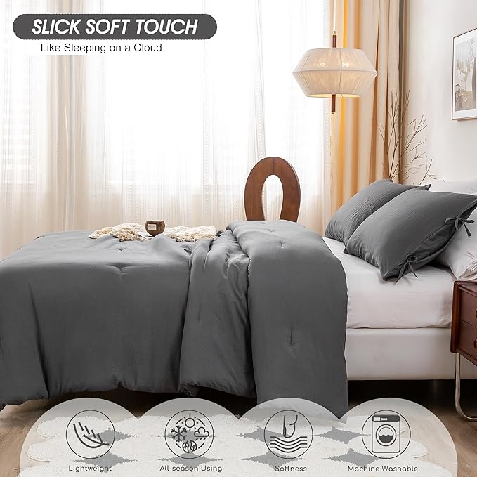 King Bed Comforter Set, Super Soft Washed Polycotton Fabric, Cozy Comfy Down Alternative Bed Blanket 1 Comforter Set & 2 Pillowcase Lightweight but Warm for All Season Use,King Dark Grey