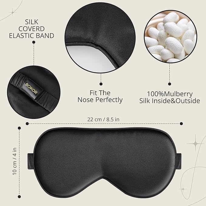 BOKOR Adjustable Silk Sleep Mask, Eye Mask for Sleep, Mulberry Silk Luxury Eye Cover, 100% Light-Blocking, Improve Sleep, with Travel Bag - Black