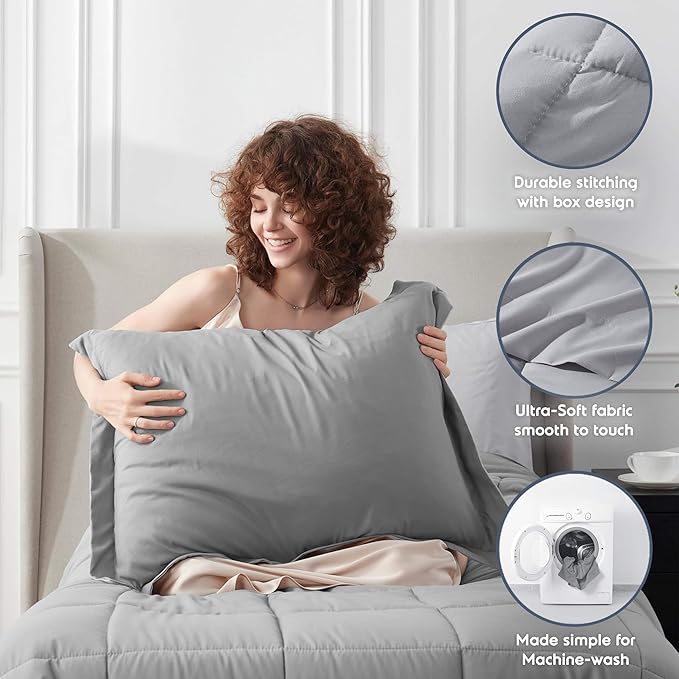 Nestl 7 Piece Twin Comforter Set – Grey Reversible Bed in a Bag – Complete Twin Size Bedding Set with Sheets, Set of 2 Down Alternative Pillows, Pillowcase and Sham