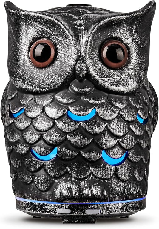Alieye Ceramic Essential Oil Diffuser, 200ML Handcrafted Ceramic Owl Ultrasonic Cool Mist Aromatherapy Humidifier with 7 Colors LED Waterless Auto Shut Off for Home Office Yoga, Gifts for Mom, Sliver