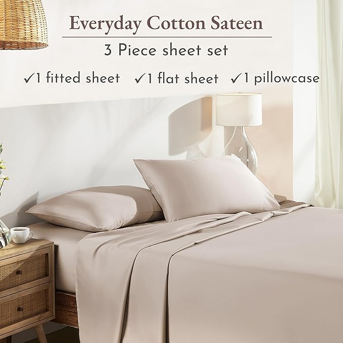 California Design Den Twin Sheets Set - Natural 100% Cotton Sheets with 12" Pockets, Soft Sateen Weave, Breathable and Durable Bedding Set for Dorm Rooms, College Beige (Warm Taupe)