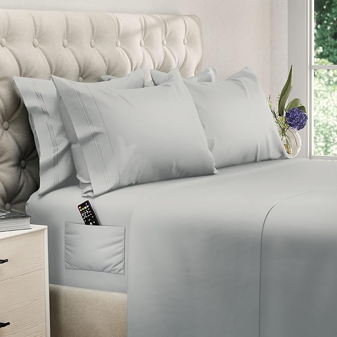 DREAMCARE Queen Sheet Set - 6 pcs Breathable Cooling Bed Sheets - up to 15" Deep Pocket Queen Sheets Set with Side Pockets - Extra Soft 100% Brushed Hypoallergenic Hotel Luxury Bedding - L Gray
