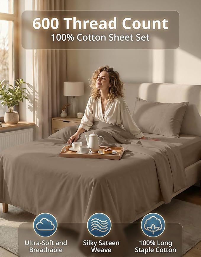 LANE LINEN 100% Cotton Sheets Set - 600 Thread Count Premium Sateen Weave for Extra Gentle Feel On Skin - Cooling Sheets for a Deep Sleep - 15'' Deep Pocket for Snug Fit to Your Mattress - Taupe