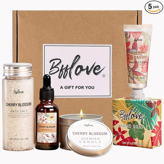 BFFLOVE Gift Set for Women - 5pcs Cherry Blossom Spa Gifts for Women, Birthday, Anniversary, Mother's Day Gifts for Her with Massage Oil, Scented Candle, Bath Salts, Hand Cream
