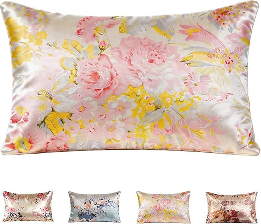 100% Mulberry Silk Pillowcase for Hair and Skin Care, Envelope Closure, Natural &Vintage Floral Printed Cooling & Slip Silk Pillow Case, Both Sides Soft Breathable, Queen Size, 1 Pack (Pink)