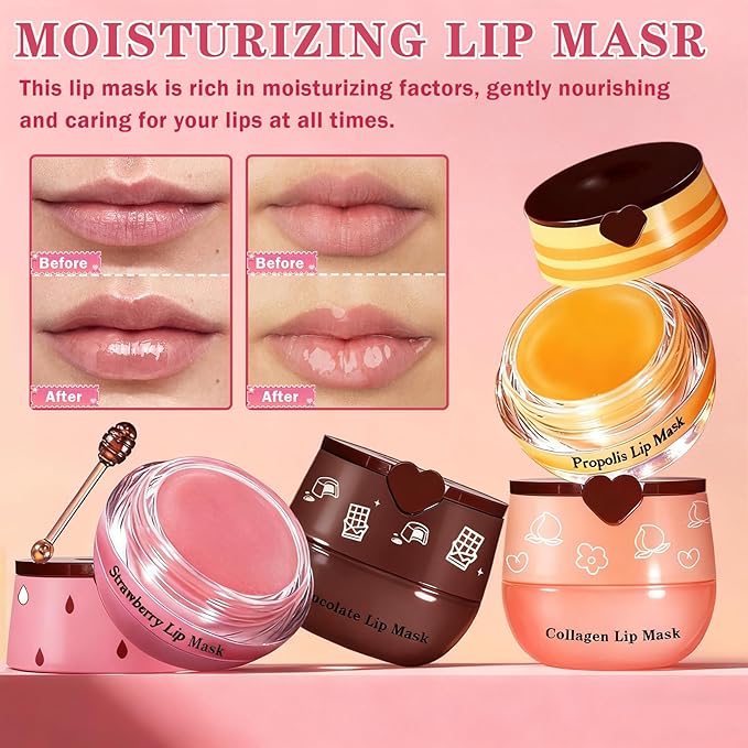 4 PCS Bee Lip Balm Honey Pot Hydrating & Preventing Dry Honey Balm Lip Balm Honey, Strawberry, Collagen, Chocolate Moisturizing Lip Sleeping Mask with Sticks