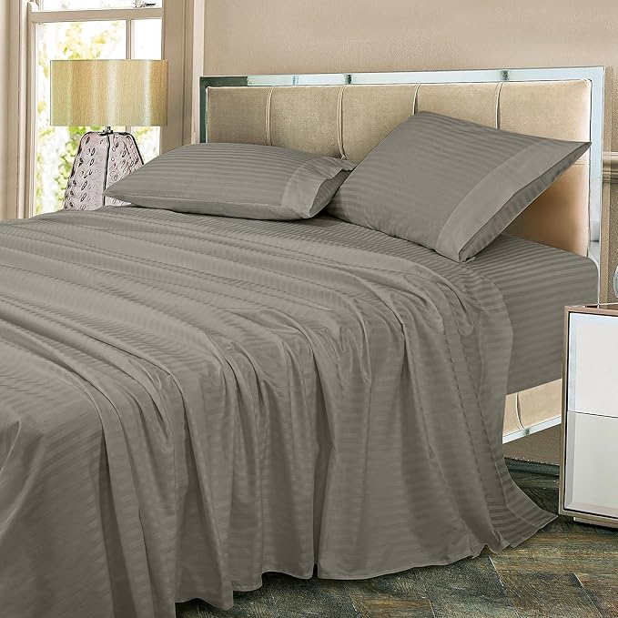 ROYALE LINENS 300 Thread Count 100% Long Staple Combed Cotton Striped Sheet Set - 3 Piece Twin Bed Sheets - 1 Fitted, 1 Flat & Pillow case -Soft Cool & Crisp Sheet Set (Twin, Stripe Silver)