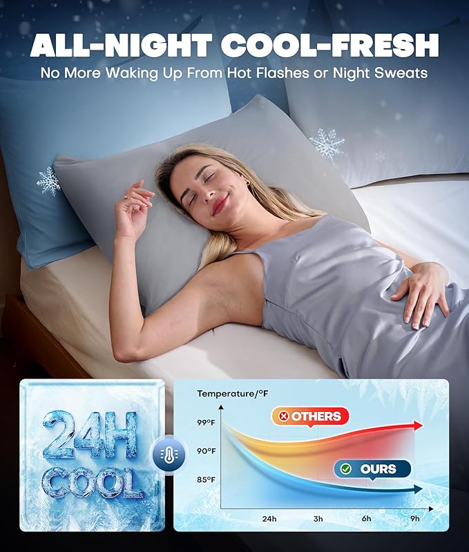 Ultra-Chill Cooling Pillowcase Set of 2 for Hot Sleepers, Softer Than Silk Pillow Cases for Protecting Hair & Skin, Breathable Bed Pillow Covers w/Zipper, Gifts for Women Men(Light Gray, Queen)