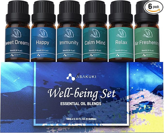 ASAKUKI Essential Oils, Essential Oil for Diffusers for Home, Well-Being Kit Gifts for Mom- Calm Mind, Sweet Dreams, Happy, Relax, Air Freshening, Immunity for Aromatherapy, Humidifiers, 6x10ml