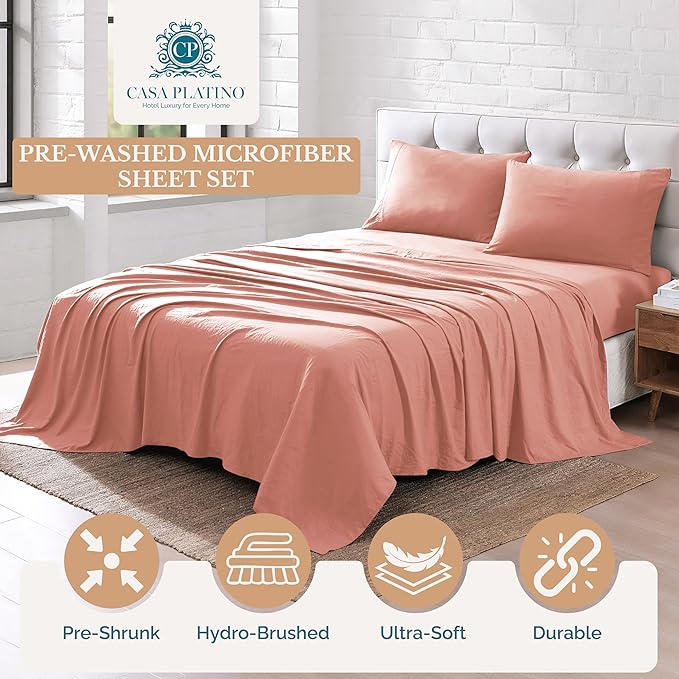 Casa Platino Bedding King Sheet Set – 4 Piece Set, Pre-Washed Ultra Soft Sheets, Deep Pocket, Cooling Bed Sheets, Brushed Microfiber, Cozy & Smooth Finish, 15" Fit for King Bed - Rose Dawn