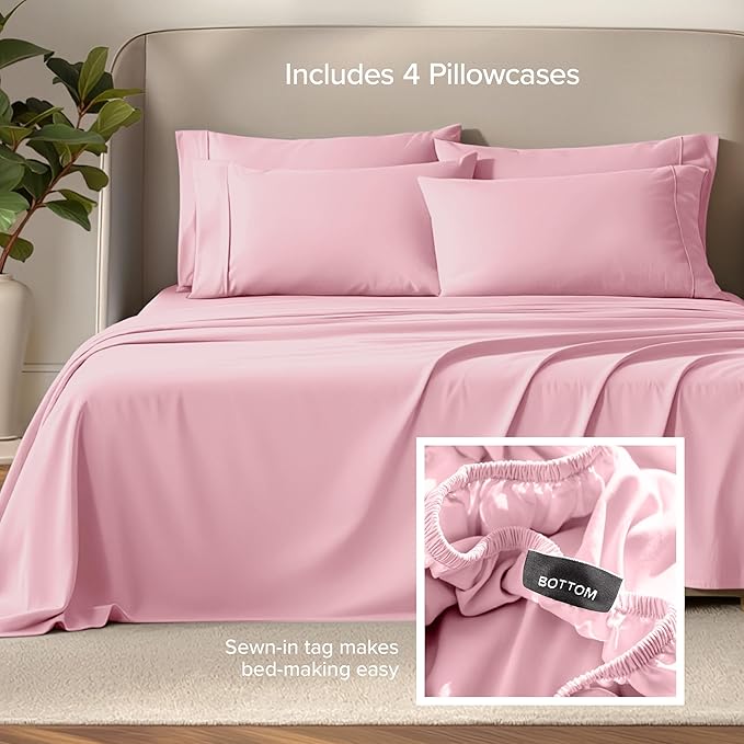 Bare Home Hotel Luxury Queen Sheet Set, Extra Soft - 6 Piece Set - Deep Pockets - Easy Fit - Cooling & Breathable - Wrinkle, Fade, Stain Resistant - Includes 4 Pillowcases (Queen, Light Pink)