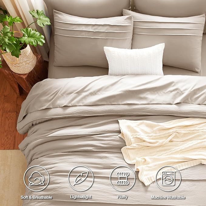 CozyLux King Size Comforter Set Wheat, 7 Pieces Soft Pinch Pleat Bed in a Bag King Comforter Set with Sheets, Boho Bed Set with Down Alternative Comforter, Sheets, Pillowcases & Shams