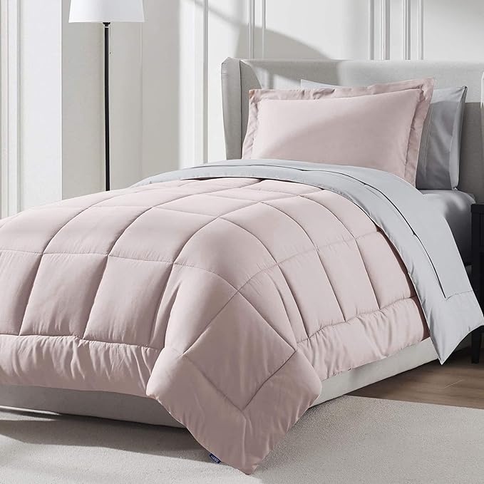 Nestl 7 Piece Twin XL Comforter Set – Blush Pink Reversible Bed in a Bag – Complete Twin XL Size Bedding Set with Sheets, Set of 2 Down Alternative Pillows, Pillowcase and Sham