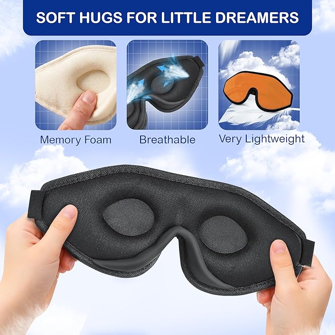3D Sleep Mask for Kids, Light Block Sleeping Blindfold Memory Foam Contoured Eye Mask for Sleep, Adjustable Strap Eye Cover and Travel Sleep Mask for Boys Girls, Orange