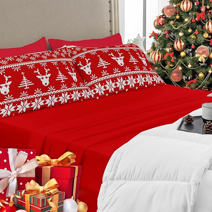 YIYEA Christmas King Size Pillow Cases Set of 4, Ultra Soft Double Brushed Microfiber Red Pillowcases and Christmas Reindeer Pillow Covers, Envelope Closure, Fade Resistant (20"x36")