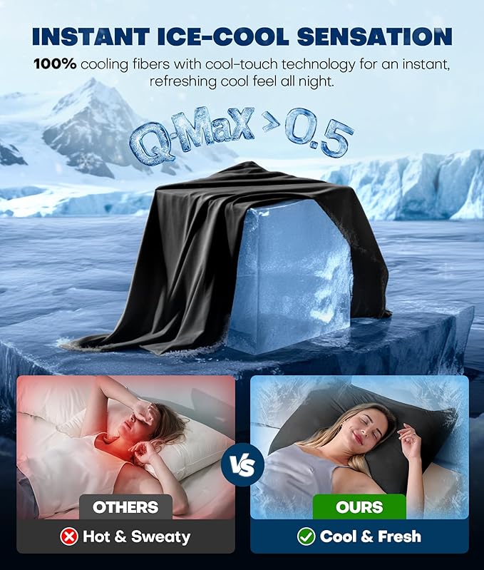 Ultra-Chill Cooling Pillowcase Set of 2 for Hot Sleepers, Softer Than Silk Pillow Cases for Protecting Hair & Skin, Breathable Bed Pillow Covers w/Zipper, Gifts for Women Men (Black, Queen)
