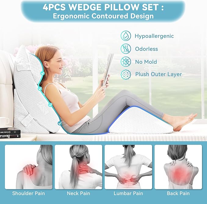 Kingfun 4PCS Orthopedic Bed Wedge Pillow Set for Sleeping, Post Surgery Memory Foam Support Pillows for Back, Neck and Leg Pain Relief, Adjustable Triangle Pillow - Acid Reflux, Anti Snoring & GERD