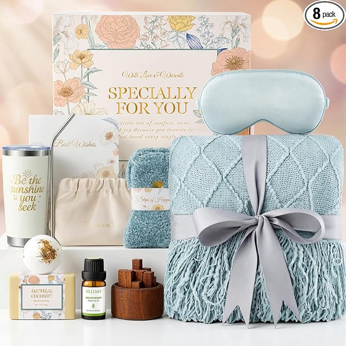 Mothers Day Birthday Gifts for Women, Get Well Gift Baskets for Women, Care Package Self Care Gift Box Thinking of You Inspirational Valentines Day Gift Set for her Wife Firends, Lake Blue