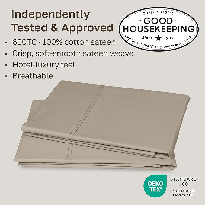 Luxuriously Soft Premium 600 Thread Count, 100% Cotton Set of 2 Cases, Crisp King Size Pillow Cases 2Pc, Fits King Pillows (Cool Taupe)