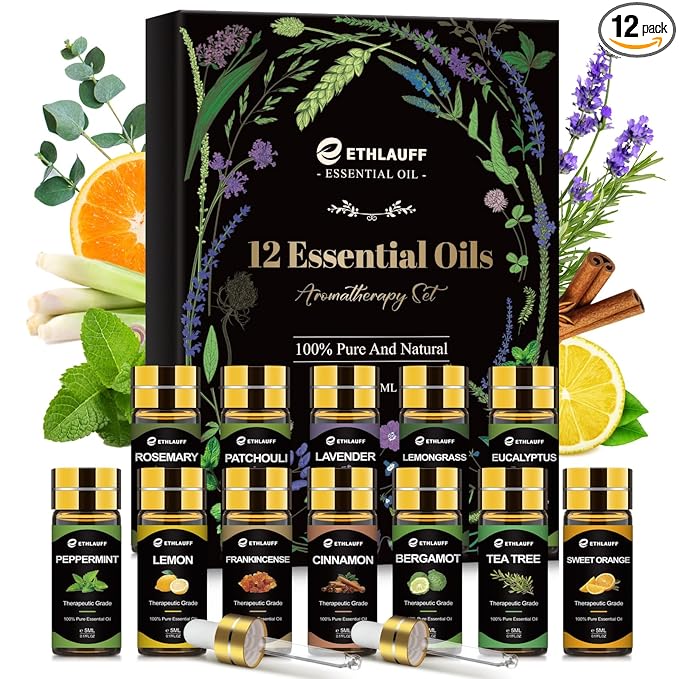 Essential Oils Set, 12 pcs Pure Essential Oil for Diffuser, Humidifiers, Skin Care, Massage, Fragrance Oil Scent for DIY Candle and Soap Making, Gift for Friend