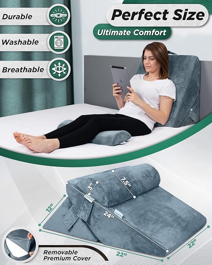 Lunix LX6 3-Piece Compact Support for Reading, Rest & Leg Elevation, Premium Odor-Free Orthopedic Bed Wedge Pillow Set, Memory Foam, Washable Cover, Stone Navy with Aloe Vera