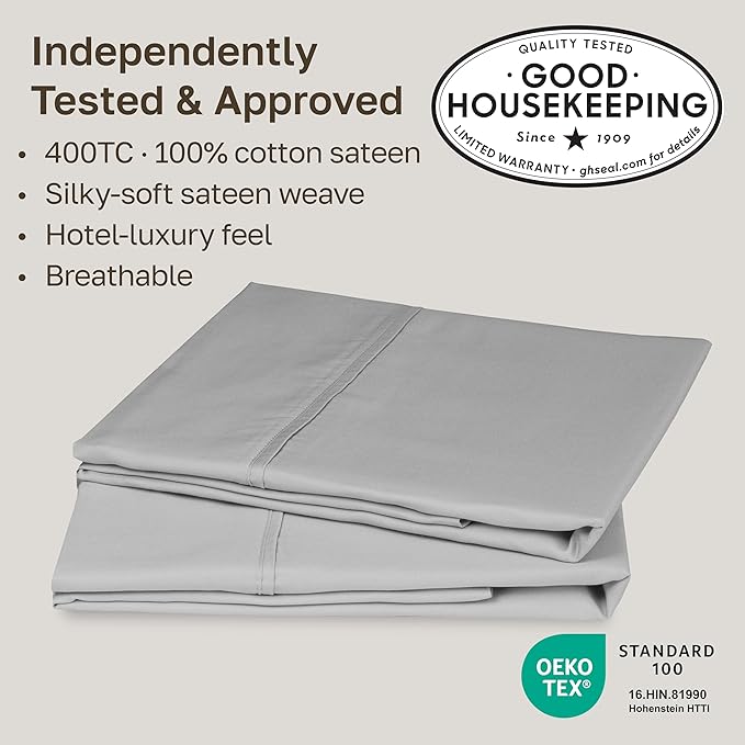 California Design Den King Size Pillowcase Set - 400 Thread Count, 100% Cotton Sateen, Set of 2 Pillow Covers, Soft and Breathable - Light Grey