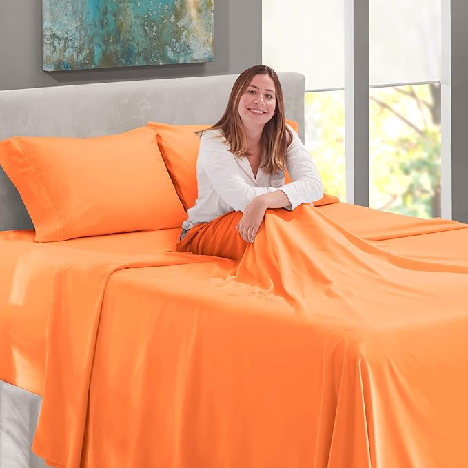 Nestl King Size Sheet Set, 4 Piece Extra Deep Pocket (18-24 inches), Microfiber, Hotel Luxury, Soft, Breathable, Wrinkle-Free, Easy to Care, Light Orange