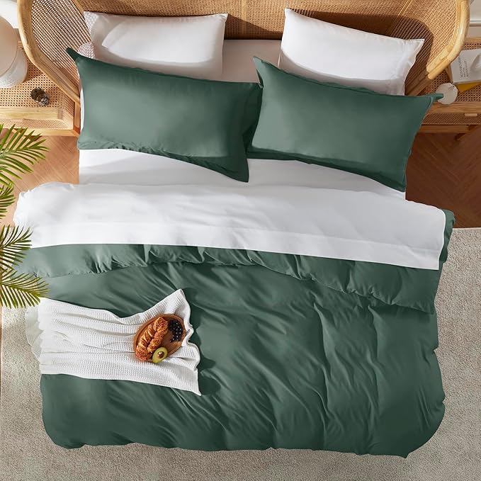 Nestl California King Duvet Cover Set with Comforter Insert - Forest Green 4 Piece 104x98 Duvet Cover & 2 Pillow Shams with White Quilted Down Alternative Comforter, Ultra Soft, All Season