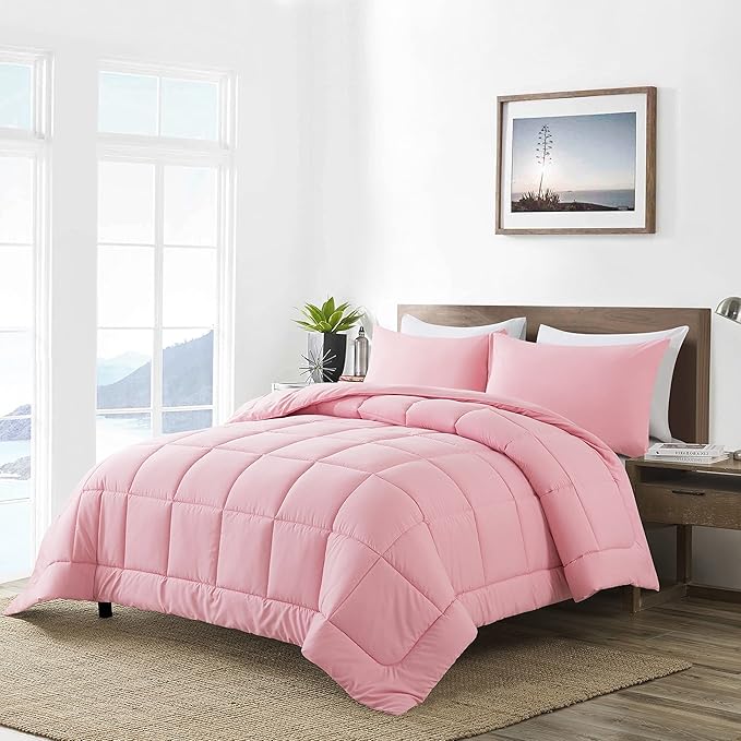 DOWNCOOL Queen Comforter Set -All Season Bedding Comforters Sets with 2 Pillow Cases-3 Pieces Bedding Sets Queen -Down Alternative Pink Queen Size Comforter Sets(88"x92")