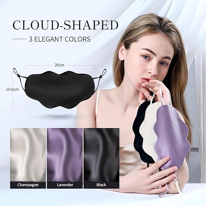 100% Pure Mulberry Silk Sleep Mask, 19 Momme Cloud Shape Blackout Eye Mask for Women/Toddlers, Adjustable Cooling Silk Eye Mask for Sleeping, Gifts for Her/Kids, Lavender