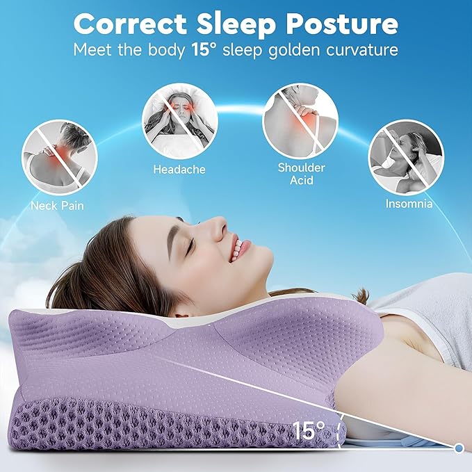 CushZone Cervical Neck Pillow, Memory Foam Neck Support Pillows for Sleeping, Shoulder Pillow for Side Sleepers, Back Stomach Sleepers, Queen Size, Lavender Color