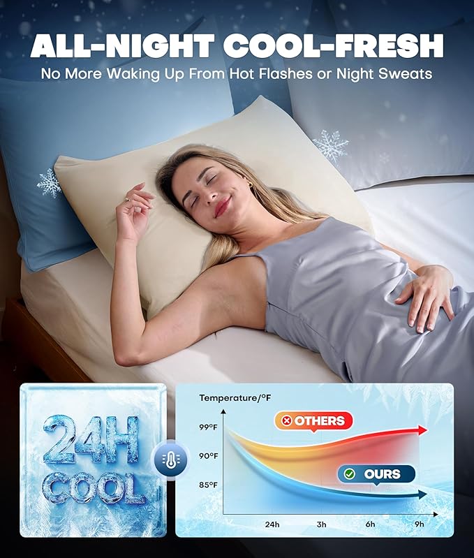 Ultra-Chill Cooling Pillowcase Set of 2 for Hot Sleepers, Softer Than Silk Pillow Cases for Protecting Hair & Skin, Breathable Bed Pillow Covers w/Zipper, Gifts for Women Men(Beige, Standard)
